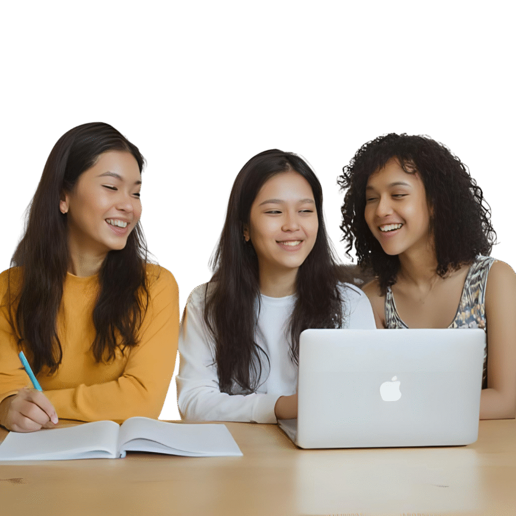 A clean, modern image showing a student, parent, and young professional together