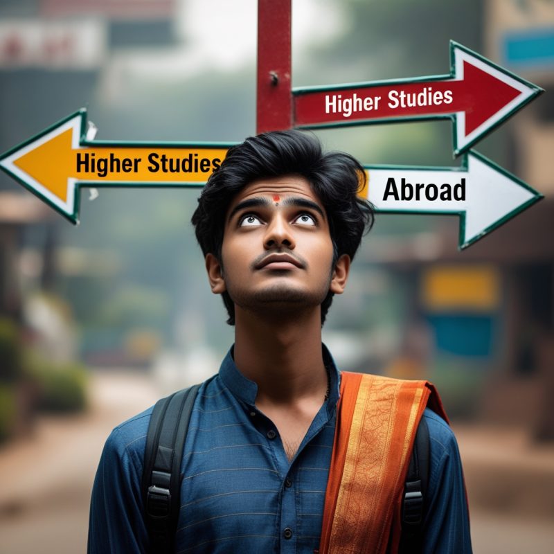 A indian college student at a crossroads signboard – arrows pointing to Job, Higher Studies, Entrepreneurship, Abroad.