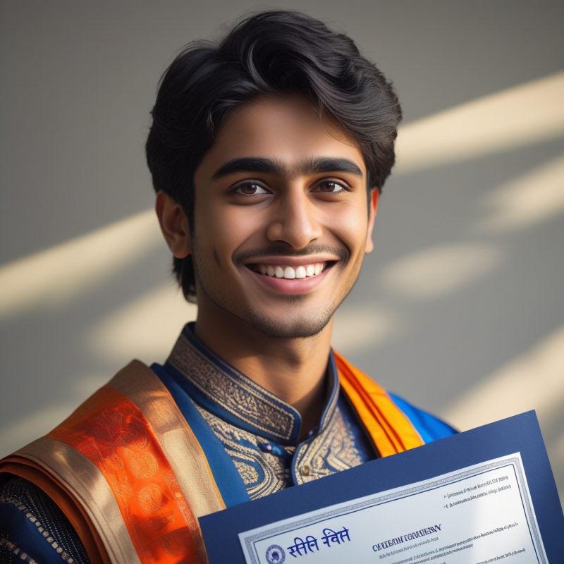 indian Young graduate with resume in hand, smiling confidently.