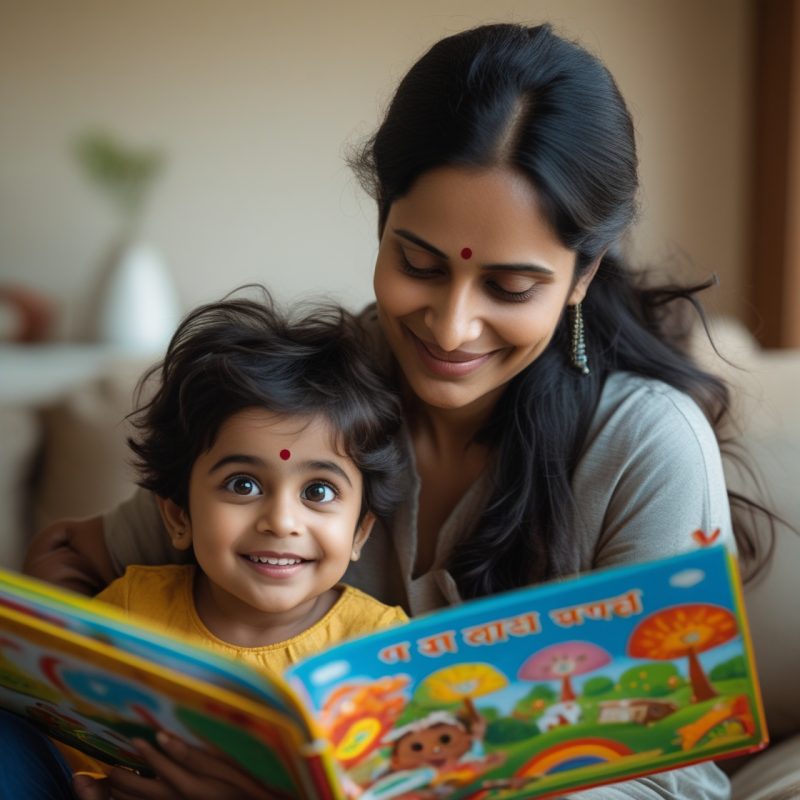 Parent and child sitting together, reading a book